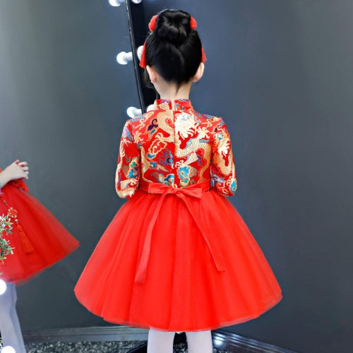 Children Girls New year celebration Chinese dragon pattern Red brocade stage Performance dress Chinese style  fairy princess folk dance dress Tang Suit